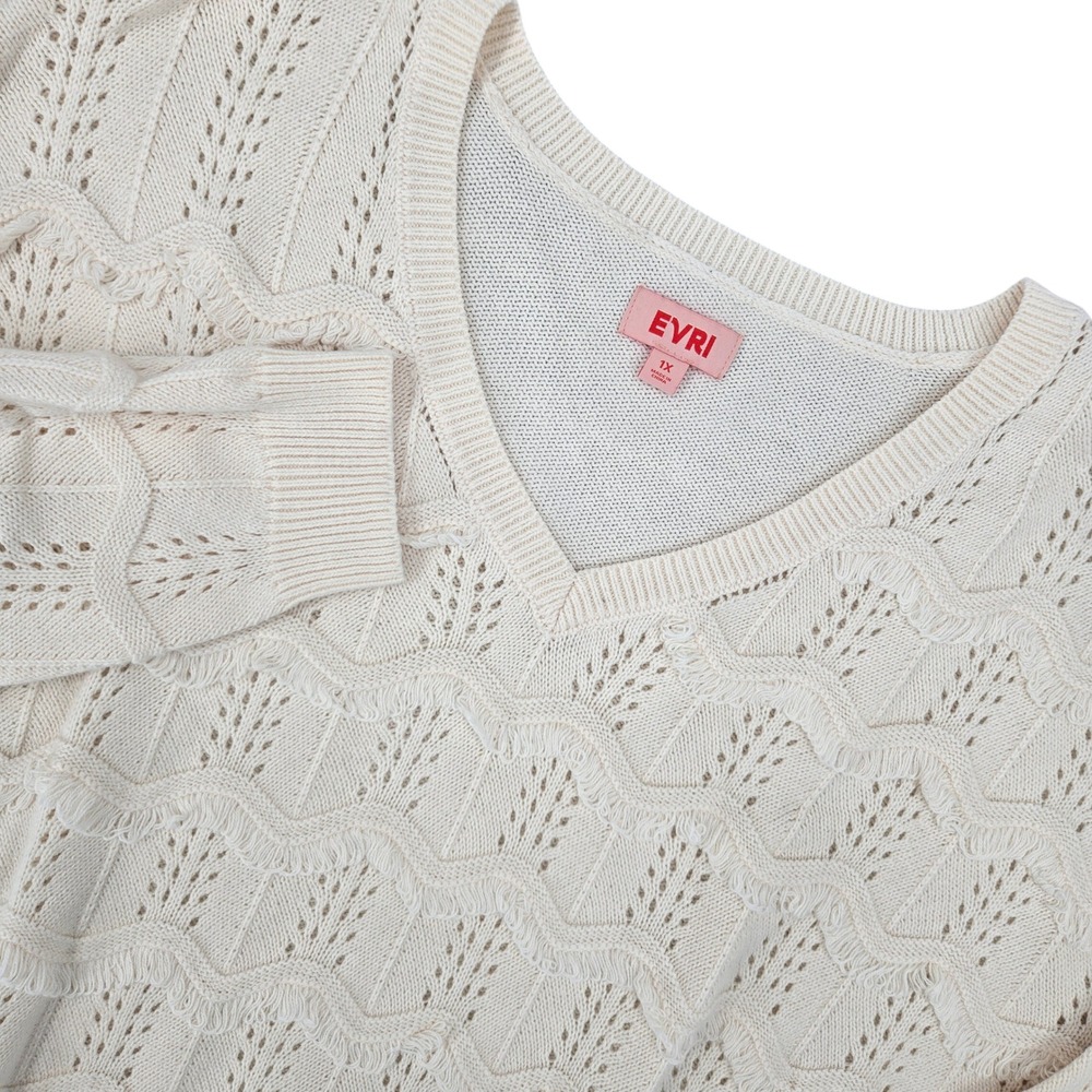 EVRI 1X V-Neck Pointelle Fringe Knit Sweater Womens‎ Cream Boho Cottagecore